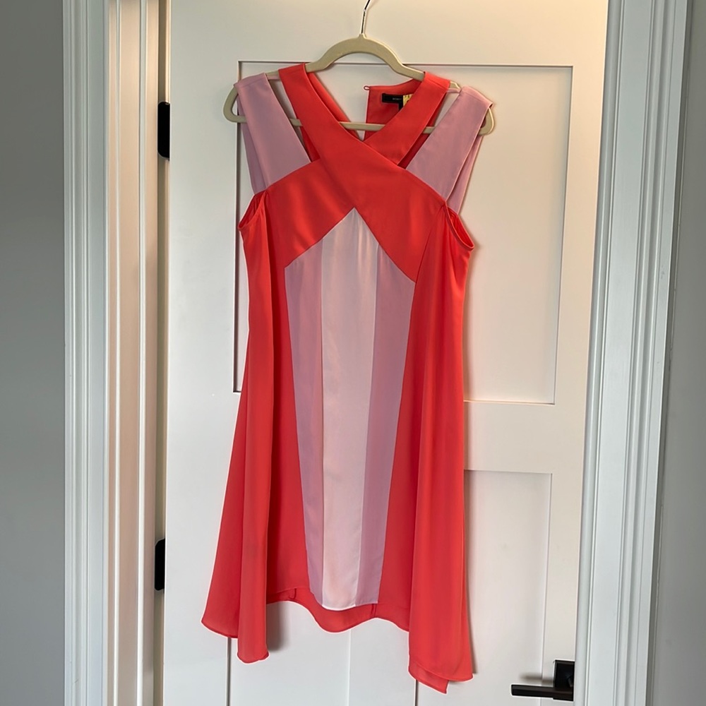 BCBG dress, coral, pink and white.